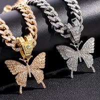 trendy new butterfly crystal pendant cuban necklace for women iced out cuban link chain chunky necklace choker hip hop jewelry
