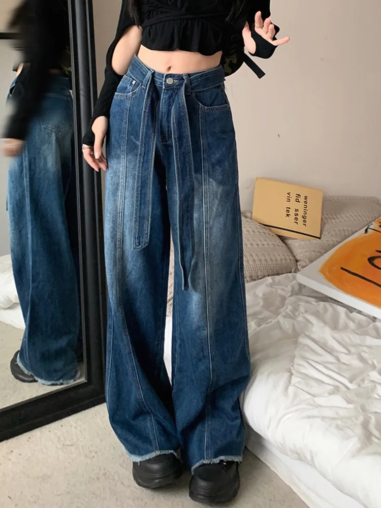 

Женские джинсы в американском стиле с завышенной талией, прямые брюки свободного покроя с широкими штанинами и сенсорным ремешком, для лета