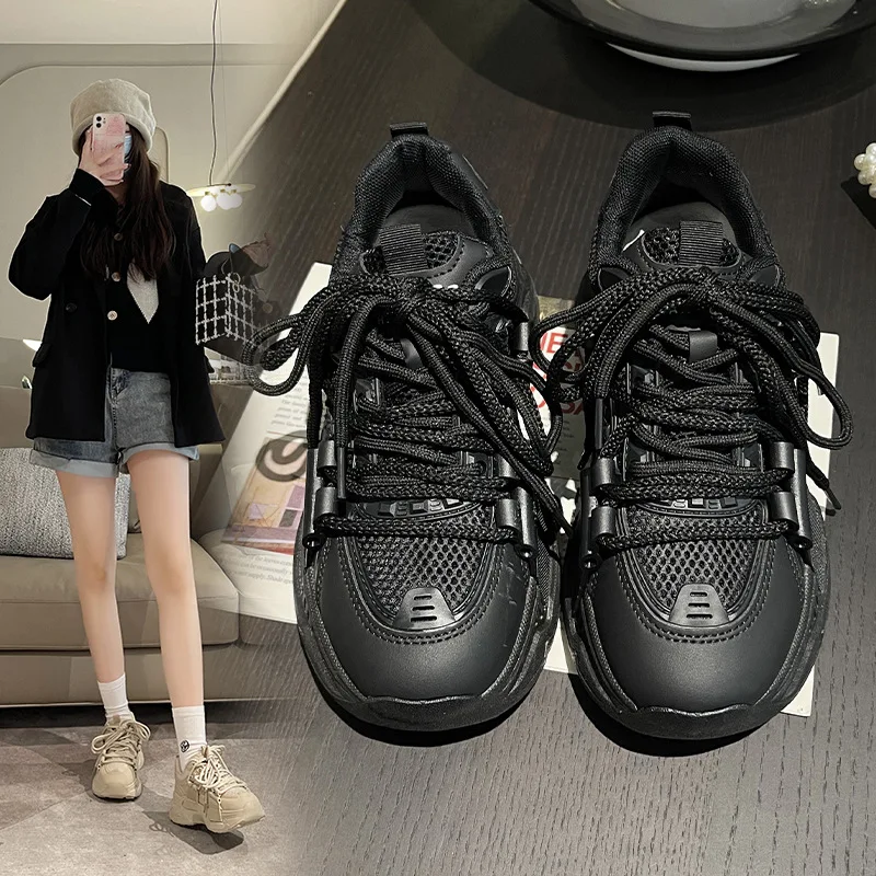 

Ботильоны женские на толстой платформе, мотоциклетные полусапожки в британском стиле, на шнуровке, на массивном каблуке, черные