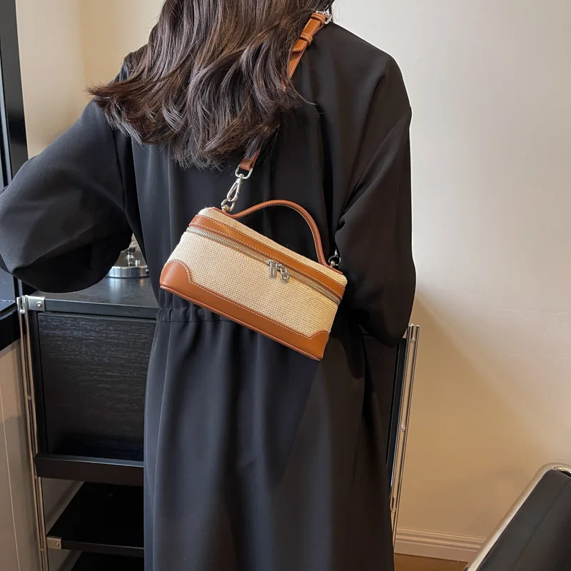 Portable Bucket Box Handbag Canvas Patchwork Fashion Crossbody Bags Ladies' Commuter Phone Storage Shoulder Bag Versatile Simple