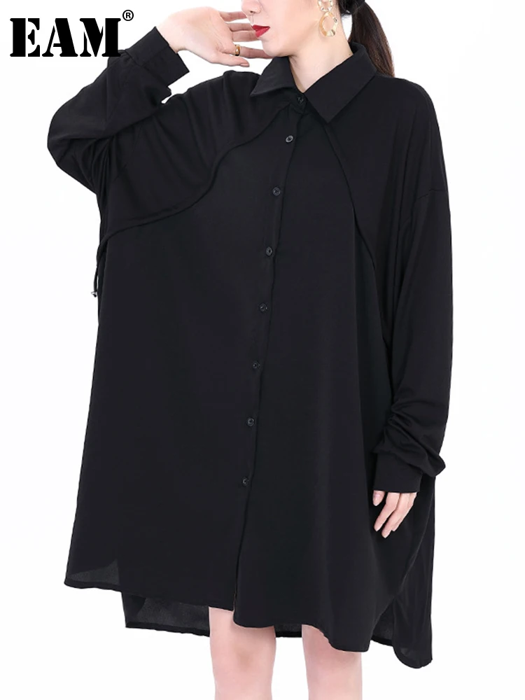 

[EAM] женская черная короткая длинная блуза большого размера, новая свободная рубашка с отворотом и длинным рукавом, модная весенне-осенняя ...