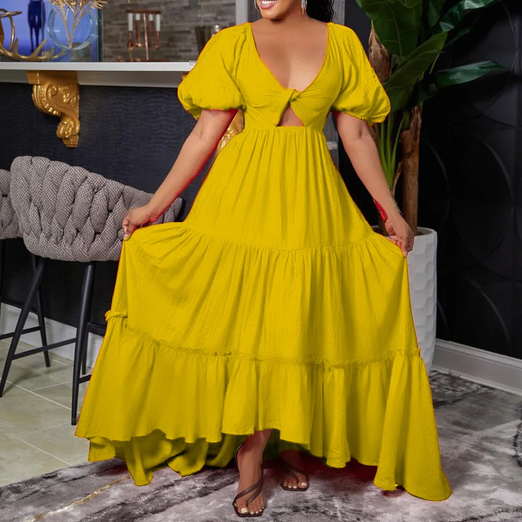 

2022 Women V-neck Solid Color Party Dress European American Maxi Dresses New African Dashiki Fashion Ladies Clothes Plus Size