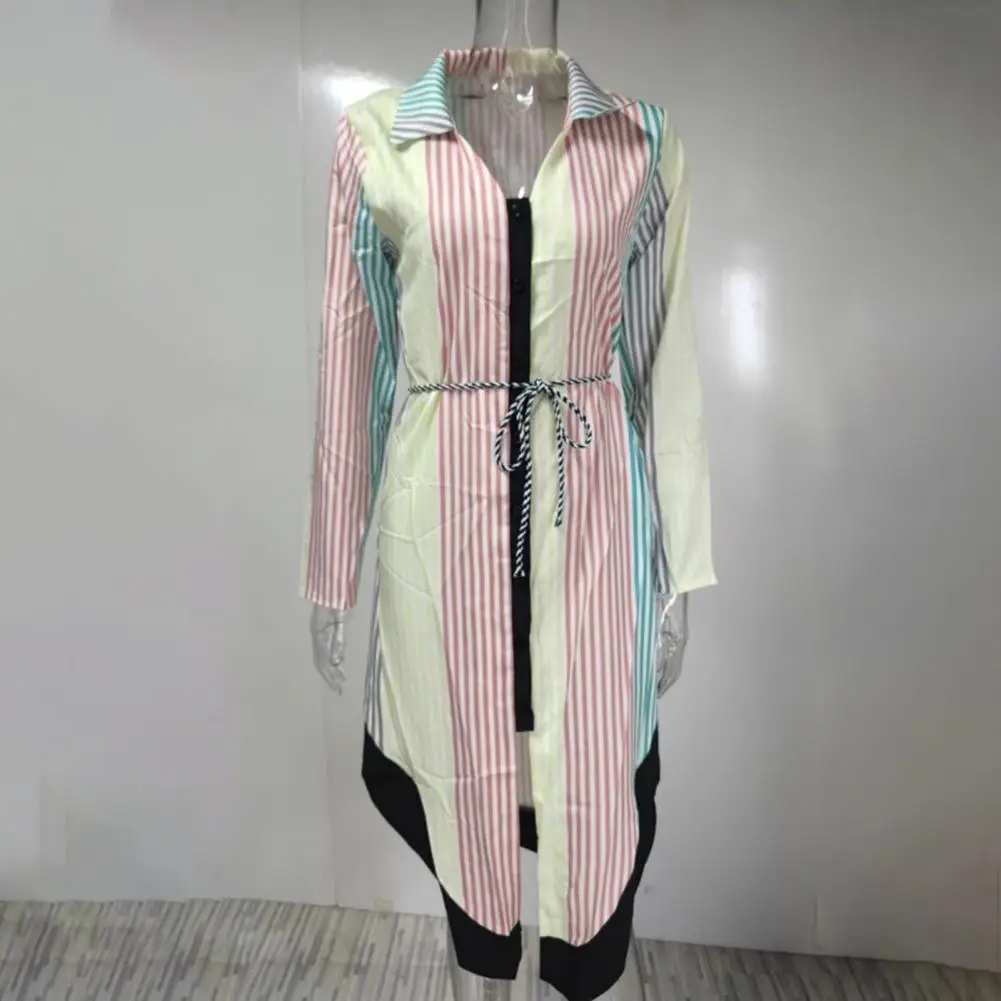 

Charming Lady Dress Irregular Hem Belt Fashion Striped Print Midi Shirt Dress Work Dress Midi Dress