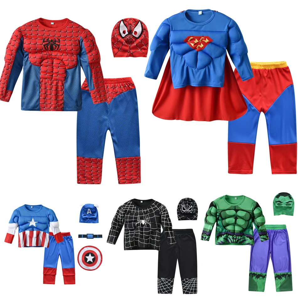Spiderman Chidren Clothes Birthday Party Muscle Hulk Captain America  Kids Boy Halloween Cosplay Hat Clothes Pants  3pcs Set