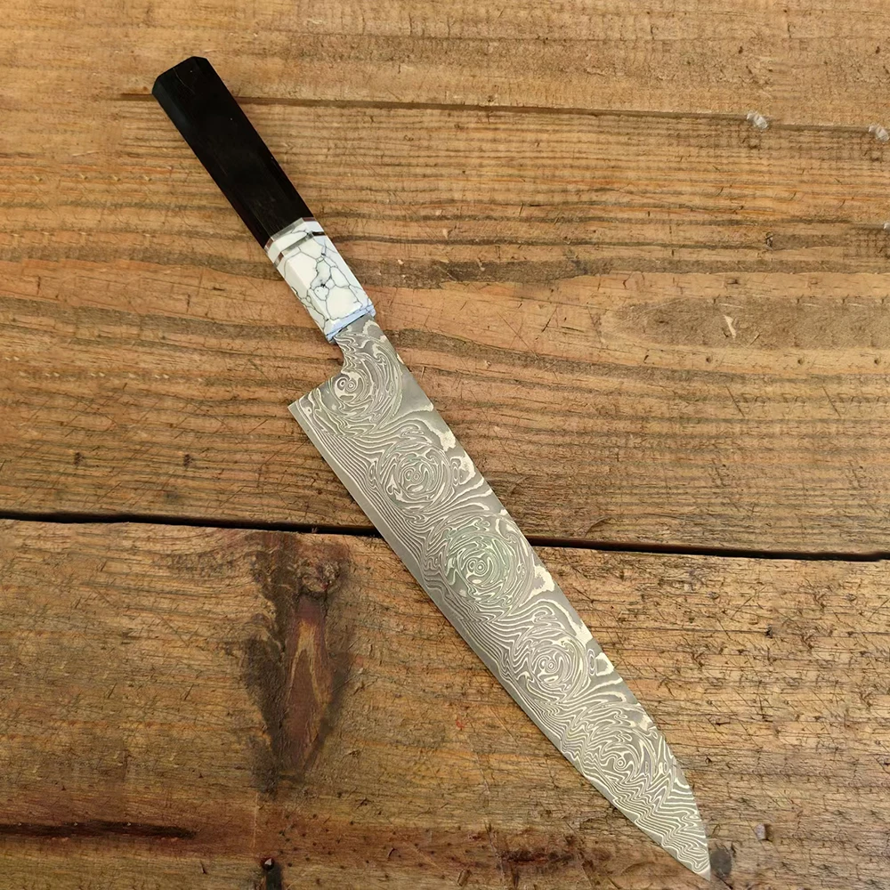 Нож шеф-повара 67 слоев дамасское лезвие из стали VG10 черное дерево и бирюзовая