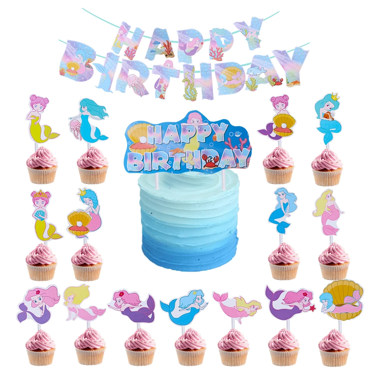 

Баннер на день рождения с изображением русалки, украшение для вечевечерние, гирлянда для 1-го дня рождения для маленьких девочек, хвост руса...