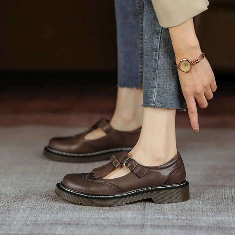

2022 Spring/Autumn Woman Shoes Round Toe Chunky Heel Mary Janes Cow Leather Tassel Women Pumps Brogues Shoes Zapatos De Mujer