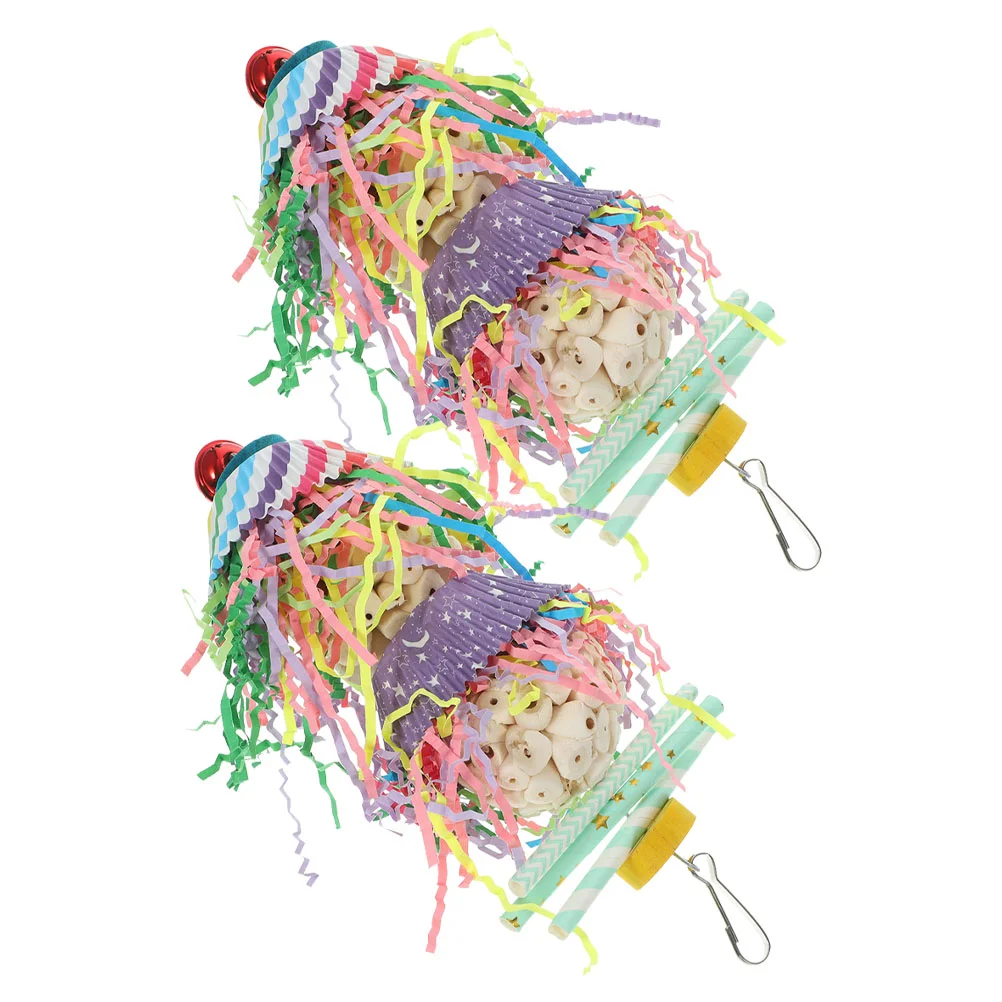 

2 Pcs Parrot Chew Toy Toys Hanging Chewing Cage Parakeet Foraging Bird Shredding Funny Wooden With Bell