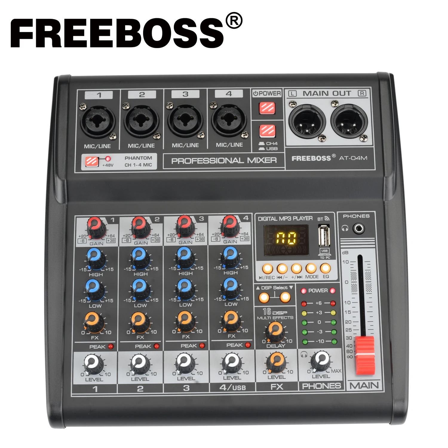 Freeboss AT-04M Portable DC 5V Power Supply Bluetooth USB Interface 4 Channel 16 Effect PC record Sound Card Audio Mixer Console enlarge