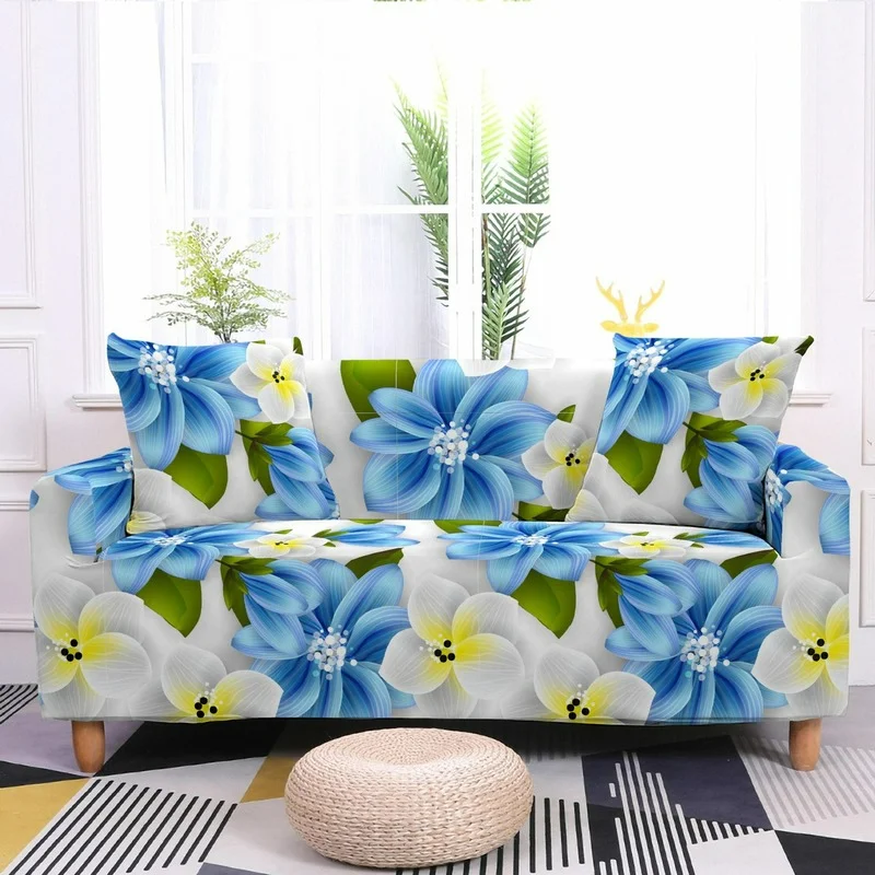 

Floral Pattern Corner Sofa Covers Blue Series Removable Armchair Furniture Protector Elastic Couch Cushion Covers Home Decor