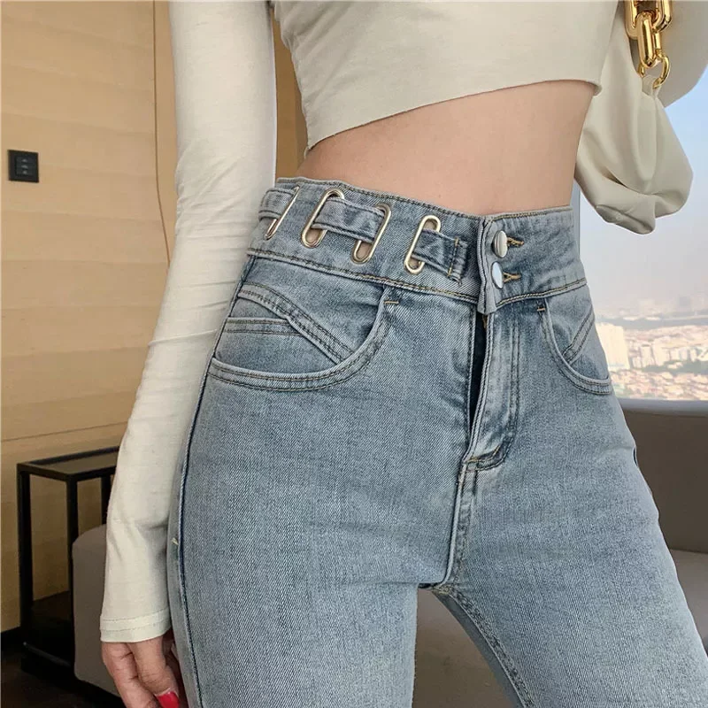 

2021 New Spring Front Button Up Skinny Jeans Pants Women Casual Fashion High Waist Stretch Pencil Jeans Pants Autumn Trousers