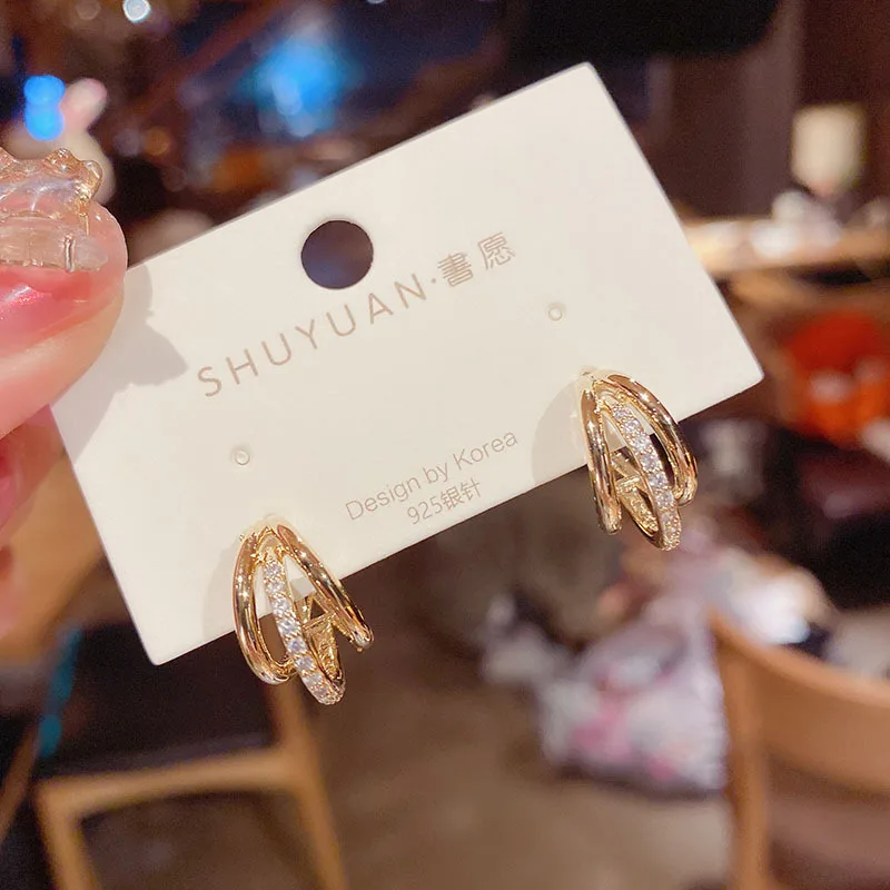 

Korean Fashion New Gold Diamond Inlaid Three Ring Earrings Temperament Versatile earrings for Women's Jewelry Wedding Gifts