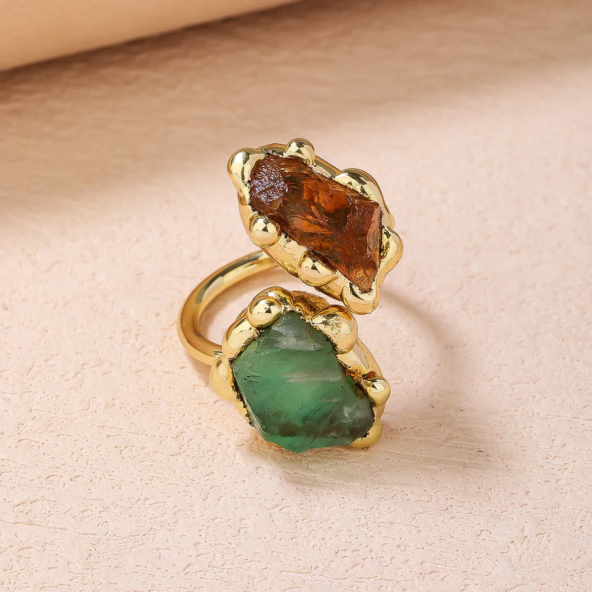 

Healing Stone Green Crystal Citrine Open Ring Natural Gemstone Adjustable Size Handmade Jewelry for Women Girls