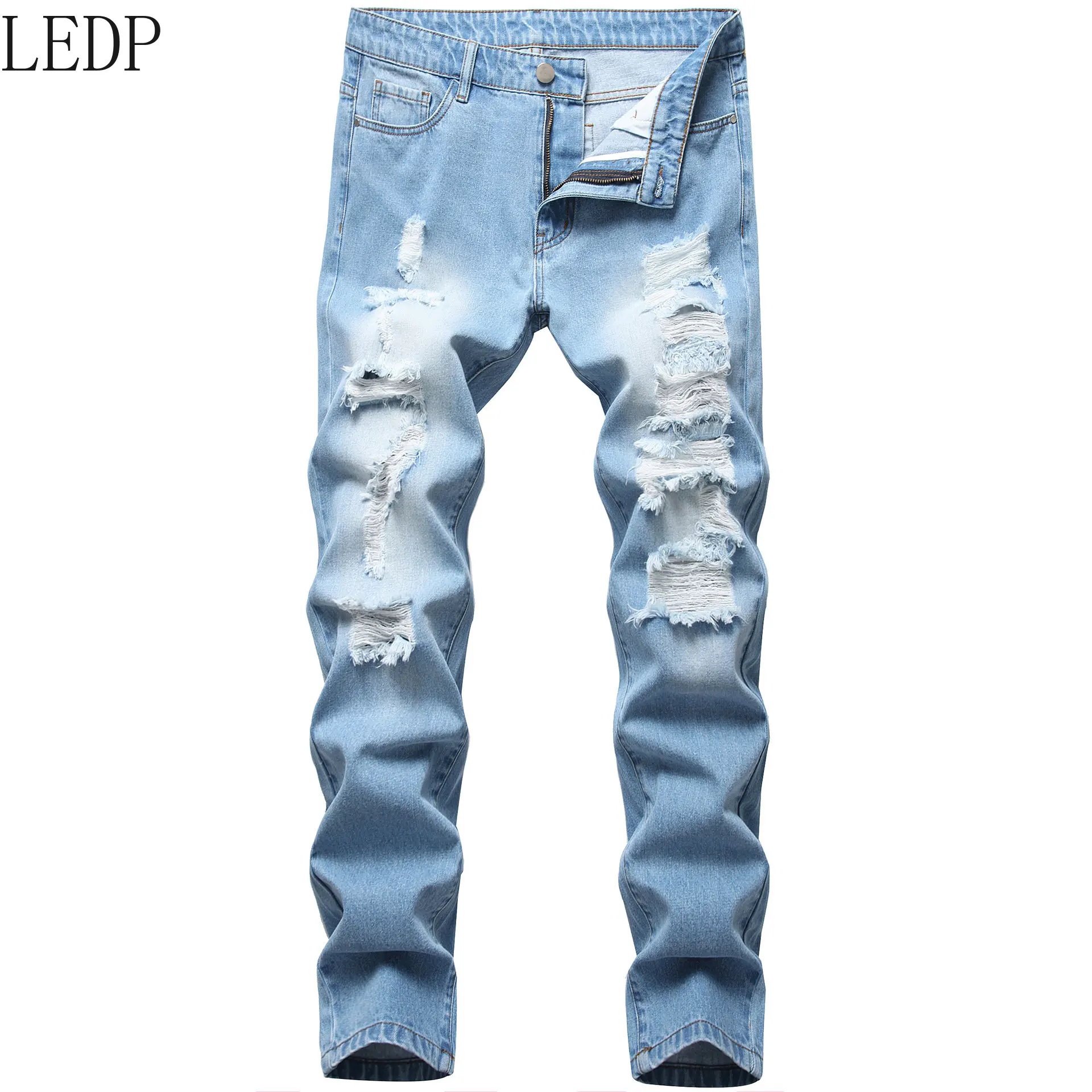 2022 Autumn and Winter New Men's Jeans Ripped Washed Men's Pants Trendy Denim Men's Pants Long