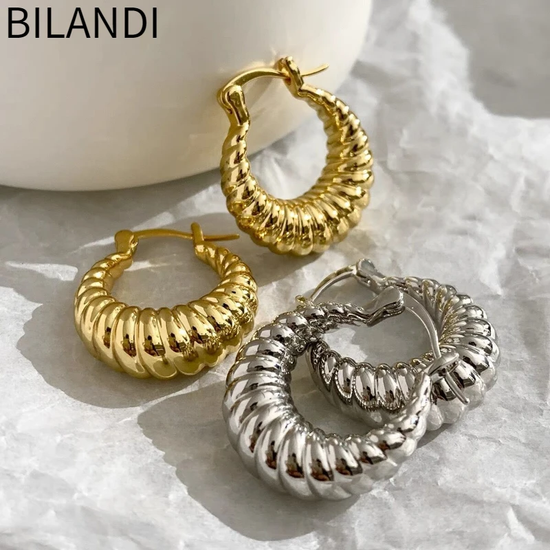 

Bilandi Trendy Jewelry Texture Surface Metallic Silver Plated Gold Color Hoop Earrings For Women Girl Party Gift Accessories