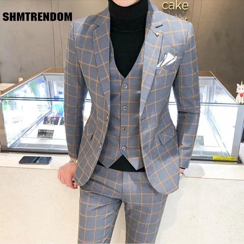 

(Jacket+Vest+Pants) Men Dress Suits British 3Piece Men Wedding Suit Autumn Men Business Formal Plaid Suit Male Luxury Slim Dress