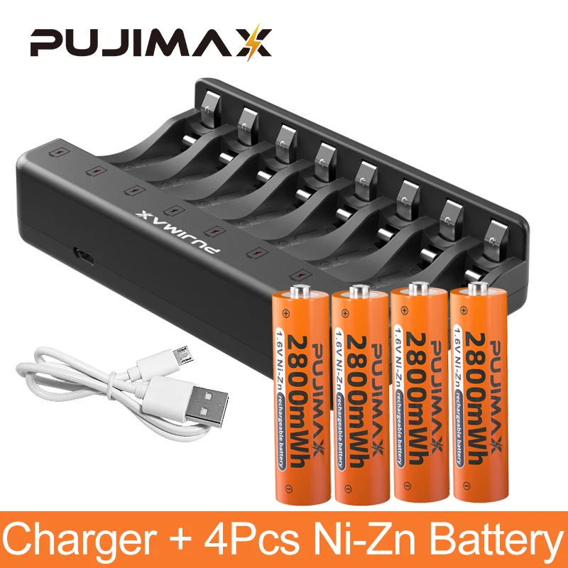 

PUJIMAX Smart 8 Slots Ni-Zn Battery Charger With 4Pcs AA 1.6V Rechargeable Ni-Zn Battery 2800mWh High Capacity Safe Durable