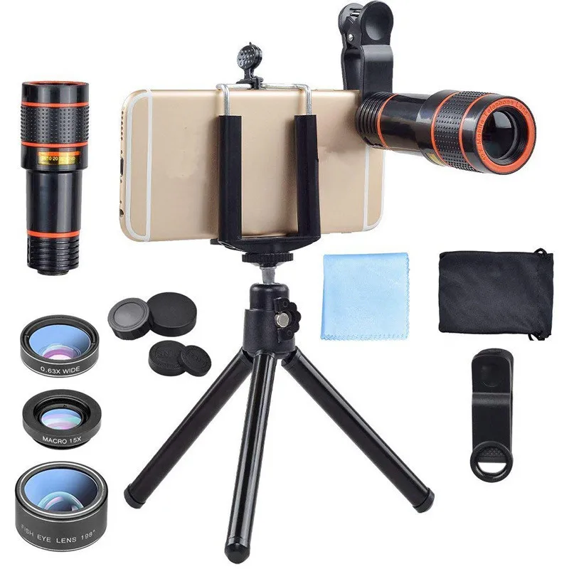 

7 in 1 Phone Lens Kit 12x Zoom HD Macro Lens for Smartphone Camera Monocular Hunting Sports Telephoto Clip Telescope Lens