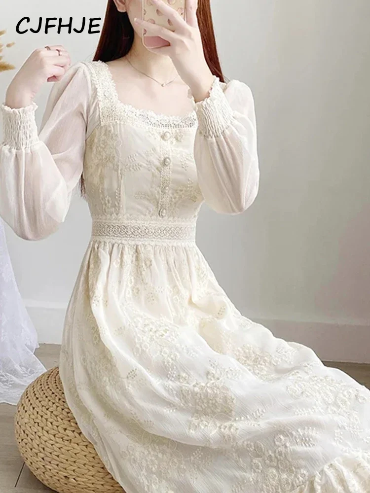 CJFHJE абрикосовое милое мягкое кружевное миди-платье на пуговицах с вышивкой