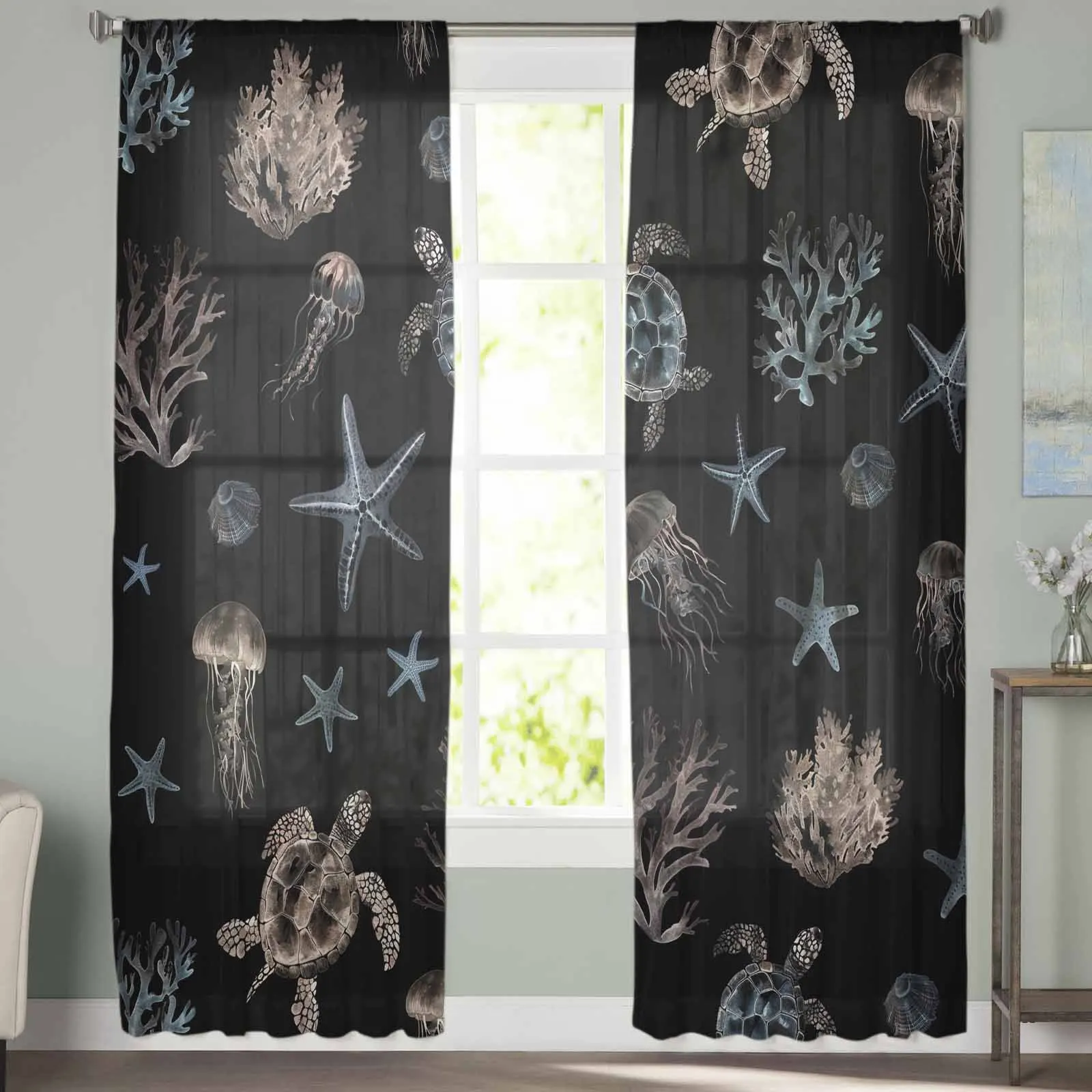 Шторы с морскими существами черепашками звездами медузами прозрачные Занавески