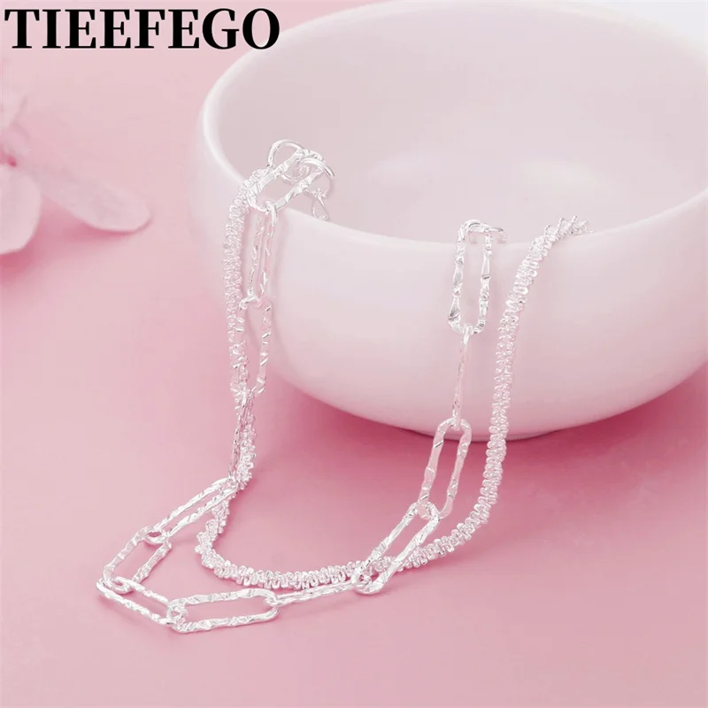 

TIEEFEGO New 925 Silver Pretty Double Geometric Chain Necklaces For Women Fashion Party Wedding Engagement Jewelry Holiday Gifts