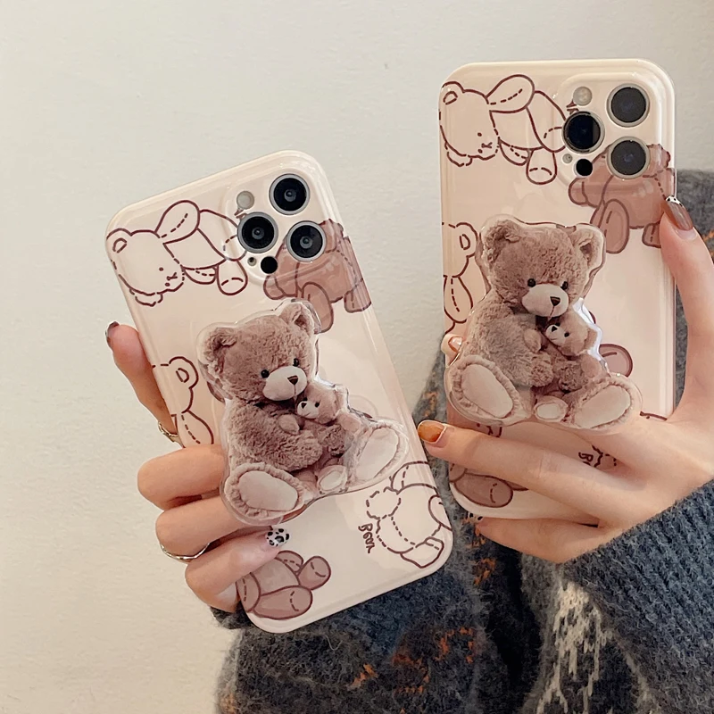 

Ins Korea Phone Case with Cute Cartoon Bear Holder for IPhone 11 12 13 Pro Max XR XS Max X Soft TPU Shockproof Cover