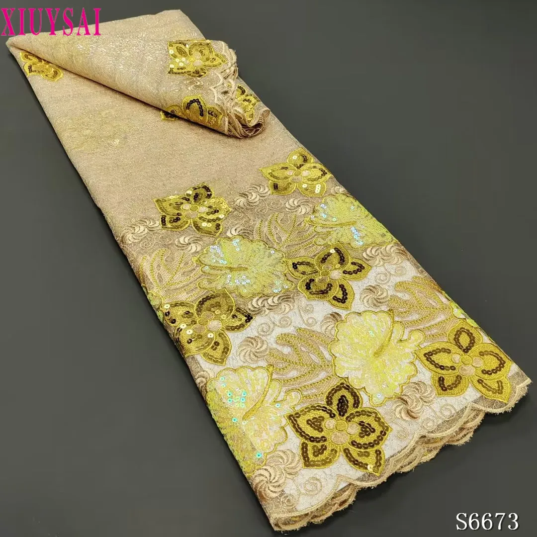 

XIUYSAI Latest African Mesh Lace Fabric 2023 French Tulle Lace Fabric With Gold Sequin Nigerian Wedding Material For Wedding