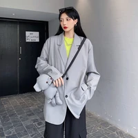 korea ins harajuku fashion woman blazer 2022 super handsome loose casual suit female blazer women 100 polyester black grey