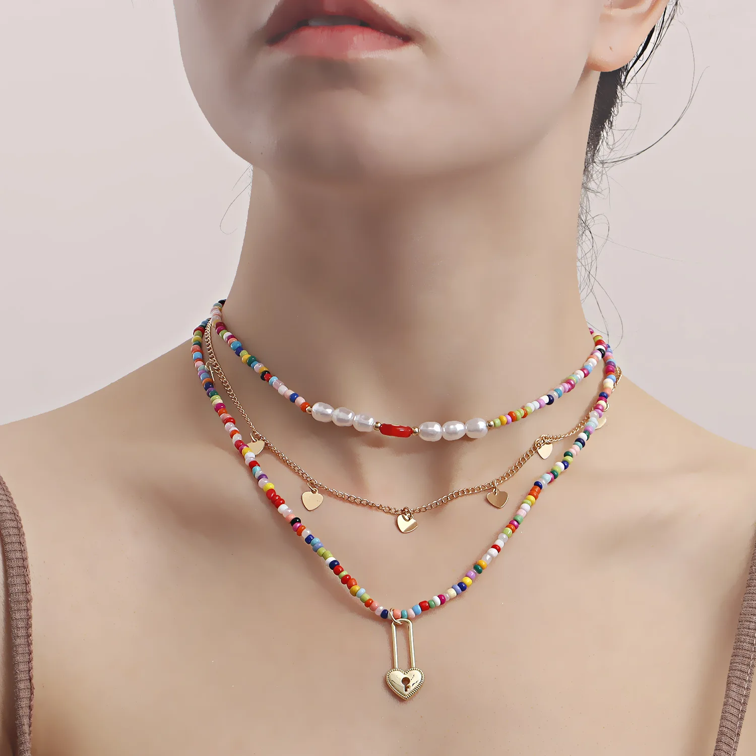 

3pcs Handmade Necklace For Women Color Block Beaded Heart Charm Necklace Set