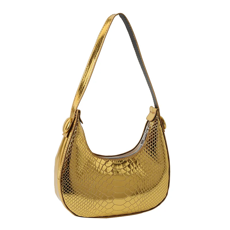 Crocodile Pattern Small Female 2023 New Simple Underarm Patent Leather All-Matching Shiny Female Crescent-Shaped Shoulder Bag