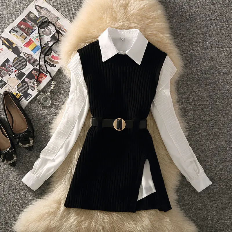 

Spring New Women's Two Piece Set Fashion O Neck High Wasit Knitted Vest+long Sleeve Chiffon Shirts Female Sweet White Blouse Set