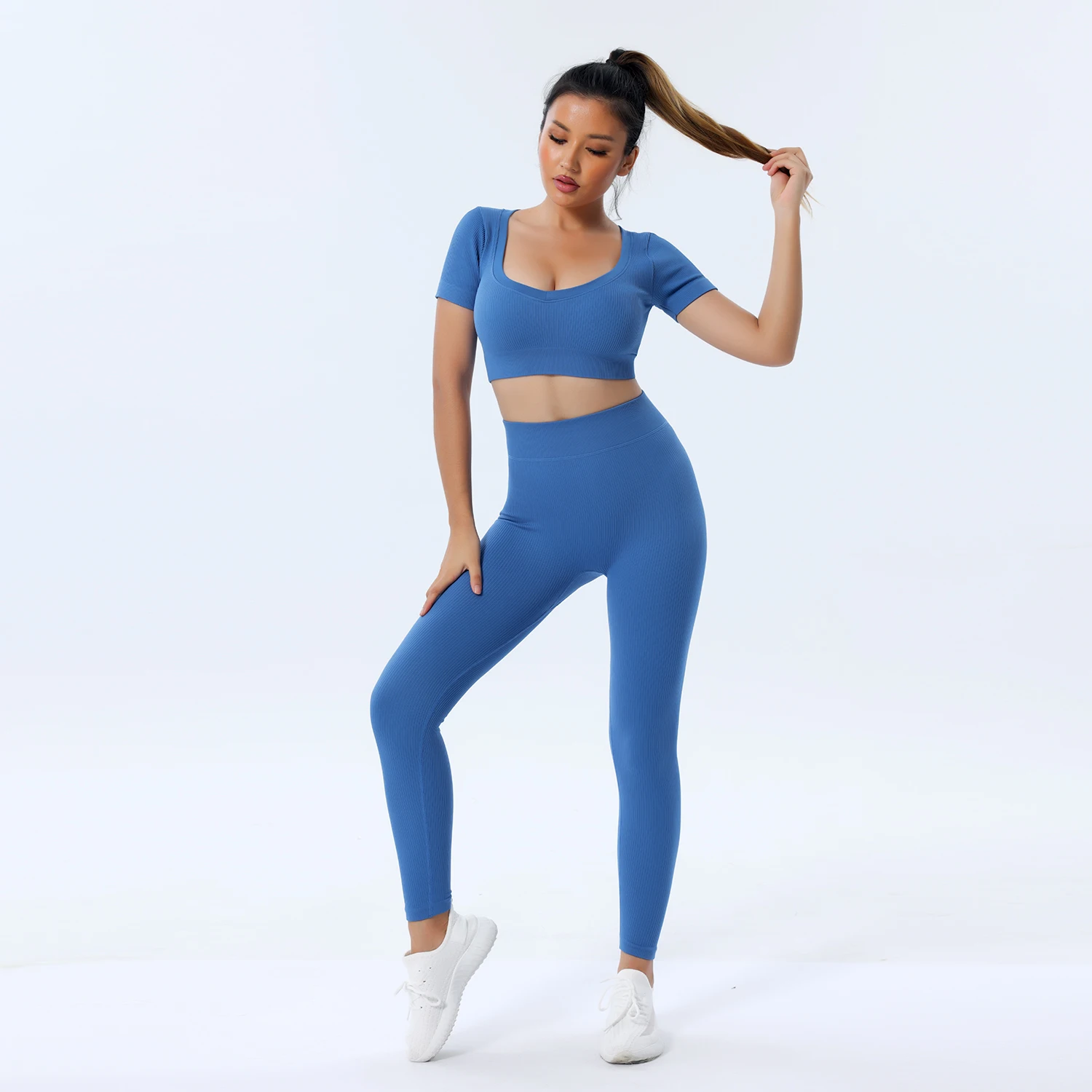 Ribbed Suit Seamless Women Sports Set Yoga Workout Clothes Women Outfits Fitness Wear High Waist Leggings Set Yoga Sportswear