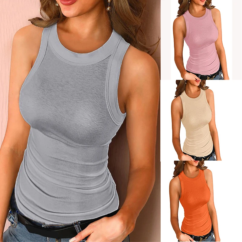 

Женский жилет без рукавов, однотонная Сексуальная футболка на бретельках, летний топ с круглым вырезом, верхняя одежда, спортивные топы
