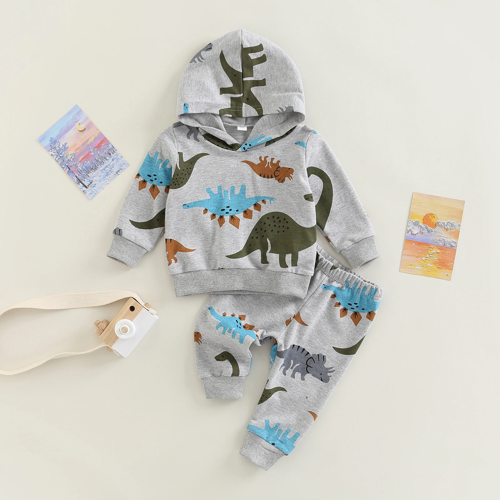 

Осенне-весенне-осенняя одежда для малышей, толстовка с длинным рукавом и капюшоном с мультипликационным принтом динозавра для маленьких де...