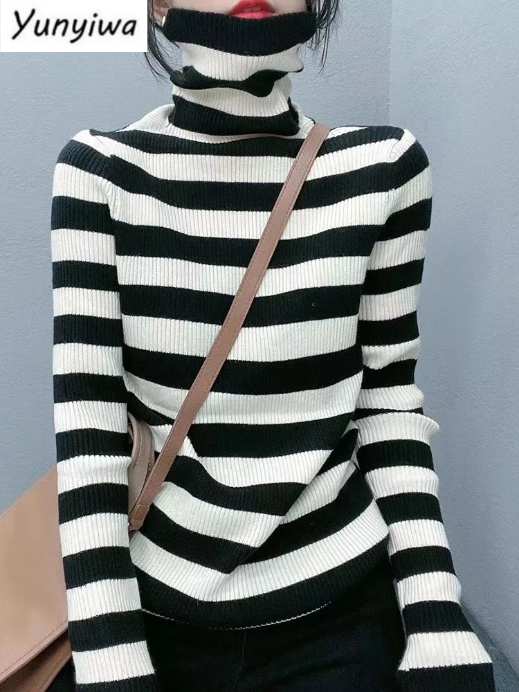 

Осенний Женский пуловер, свитер, модный полосатый вязаный свитер с высоким воротником, повседневный облегающий высокоэластичный Дамский джемпер, Новинка