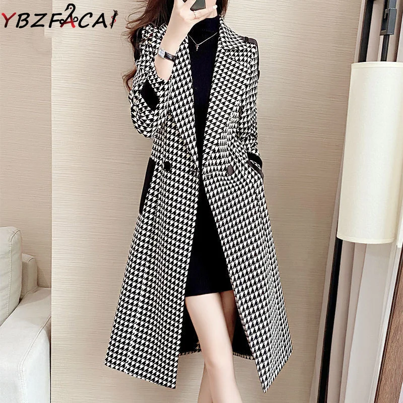 Houndstooth Woolen Coat Women Midi Fall And Winter 2022 Korean Slim Black And White Plaid Coat British Style Luxury Tweed Jacket