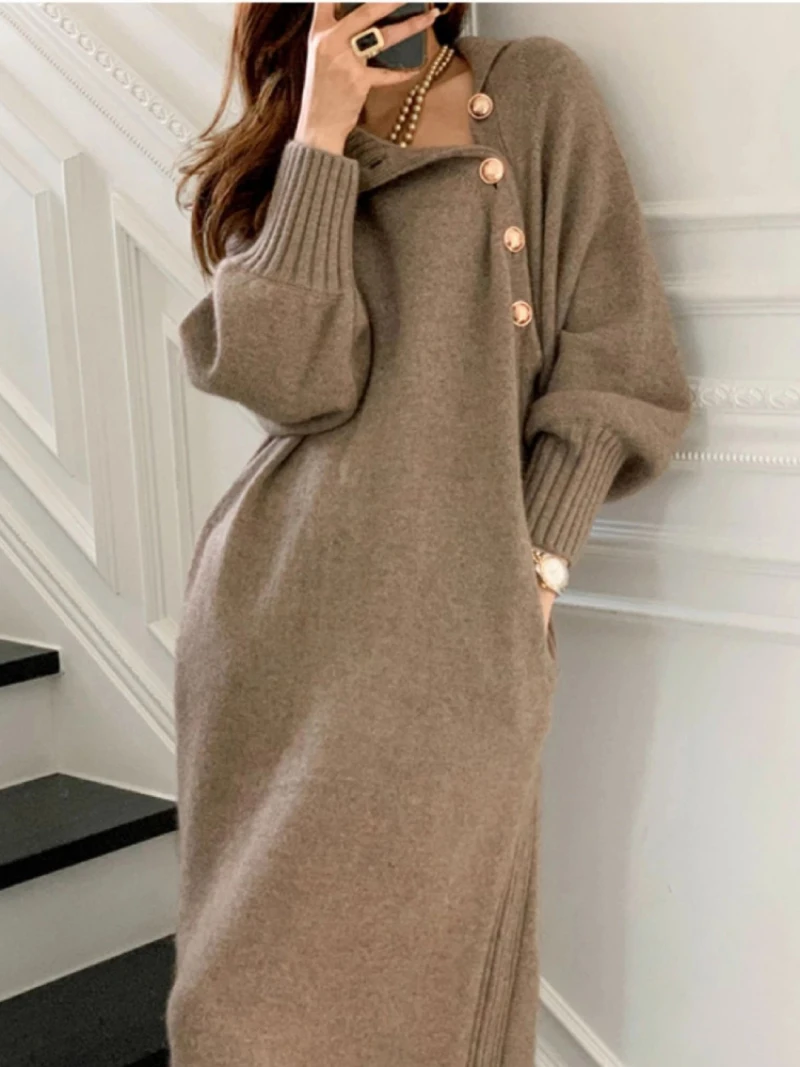 Vintage Turtleneck Buttons Long Sleeve Long Dresses Winter Fashion Casual Loose Knitwear Warm Women Knitted Dress Black Apricot