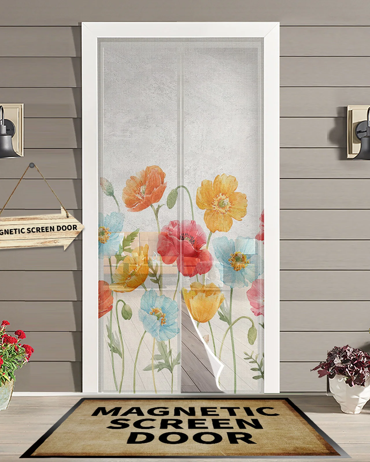 

Watercolor Poppy Flower Magnetic Door Curtain Living Room Bedroom Home Anti-mosquito Screen Door Curtain