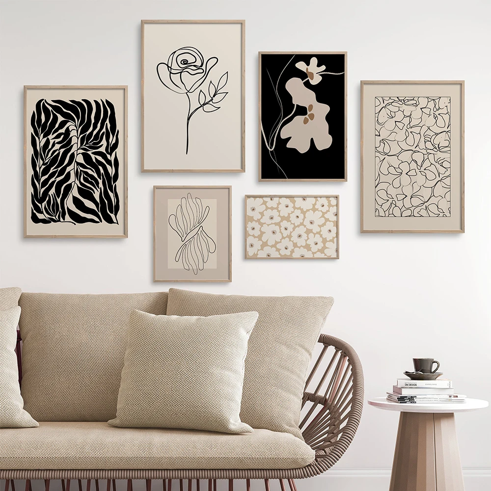 

Abstract Line Leaves Flower Beige Black Boho Posters Canvas Painting Wall Art Print Pictures Bedroom Living Room Home Decor