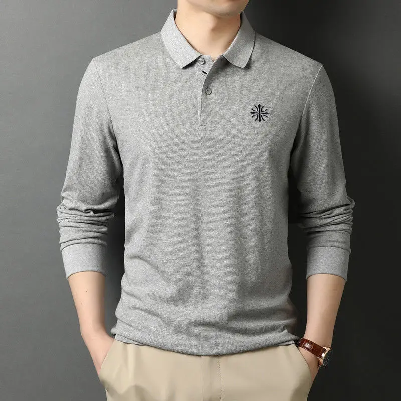 

Fashion Men Cotton Mbroidery Polo Shirts Spring Autumn Lapel Long Sleeve Casual Male Clothes T-shirt Korean Loose Business Tops