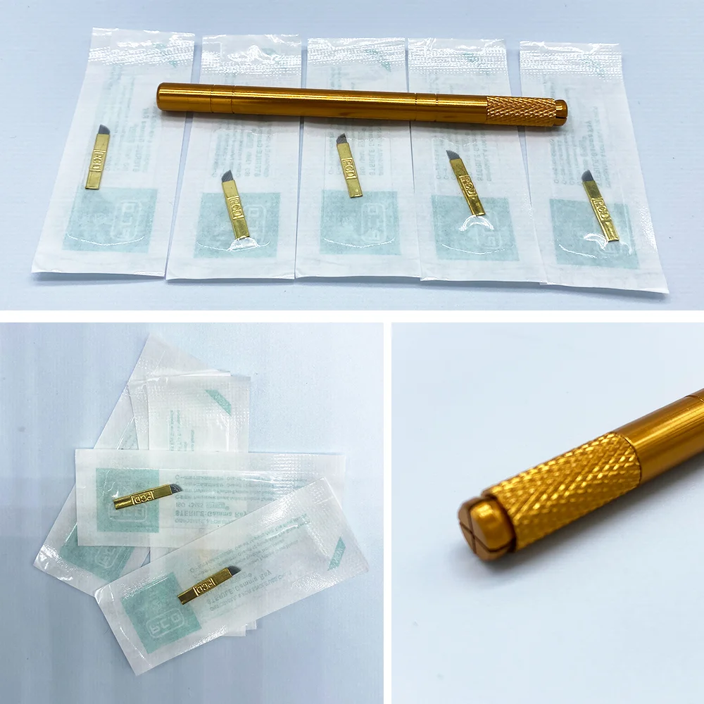 

Sdotter Golden Tebori Pen Microblading pen tattoo machine for permanent makeup eyebrow tattoo manual pen 5pcs needle blade micro