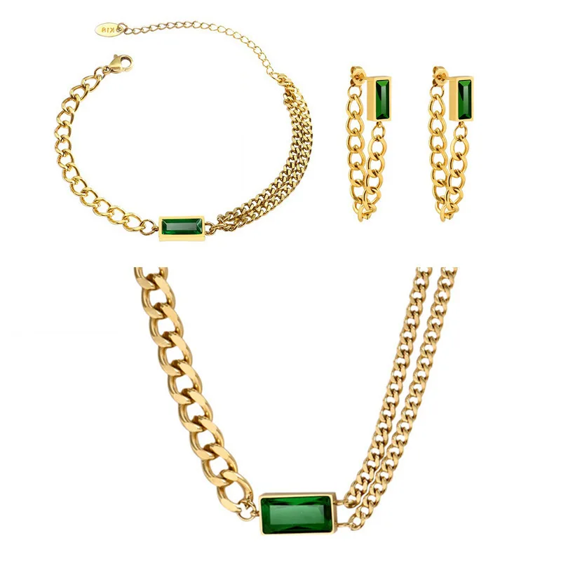 

316L Stainless Steel Rectangle Green Crystal Zircon Bracelet Necklace Earrings Set for Women Wedding Titanium Steel Jewelry Set