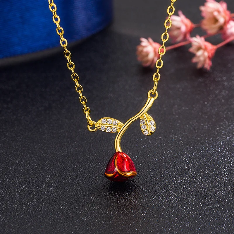 

HOYON 18K Gold Color Rose Pendant Necklace For Women Valentine's Day Gift Full of Diamond Zircon Rose Clavicle Chain Jewelry
