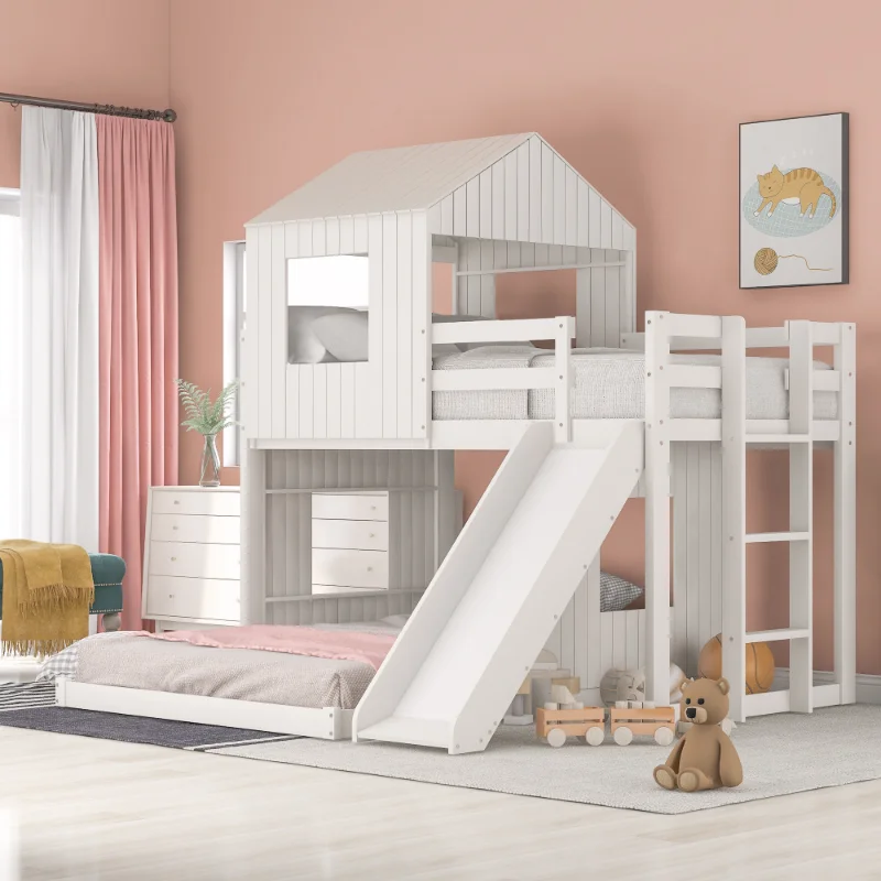 

Wooden Twin Over Full Bunk Bed\ Loft Bed with Playhouse\ Farmhouse\ Ladder\ Slide and Guardrails\ White(OLD SKU