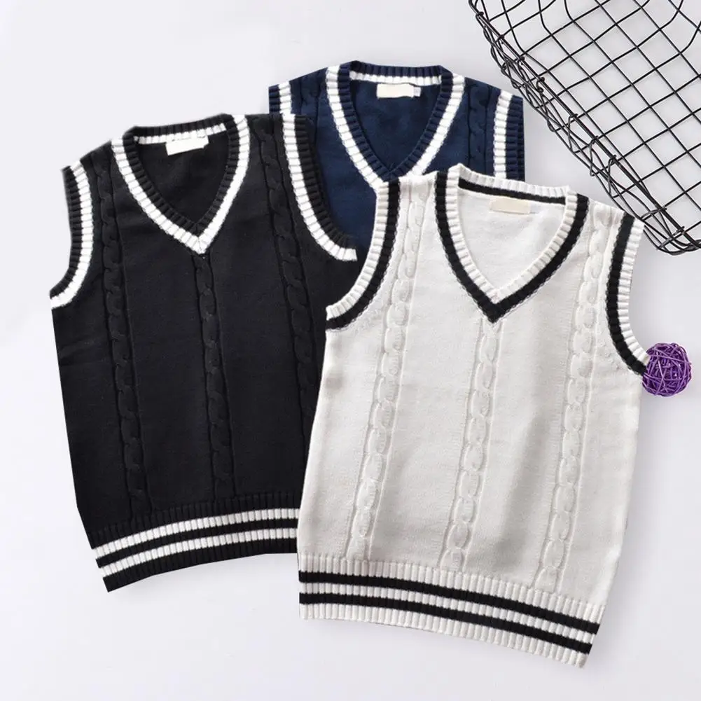 

Sweater Vest Top V Neck Comfortable Stretchy Twist Stitching Color Student Knitted Waistcoat Knitting Vest Streetwear