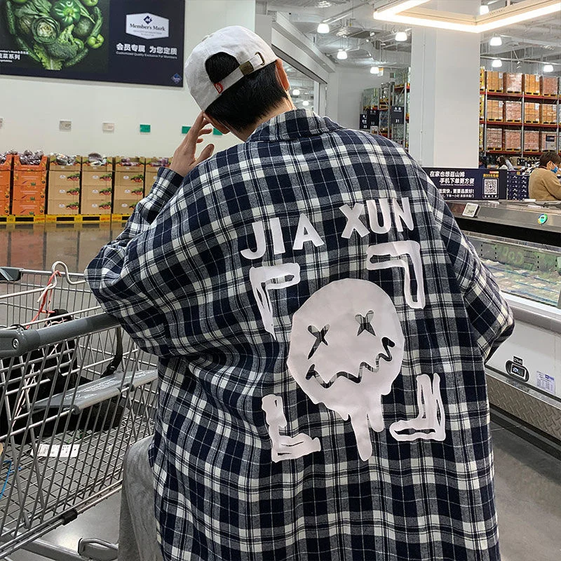 

Spring Plaid Long Sleeve Men's Shirt Casual Hip Hop Printed Loose Male Top Blouses Trendy Harajuku Cardigan Clothing