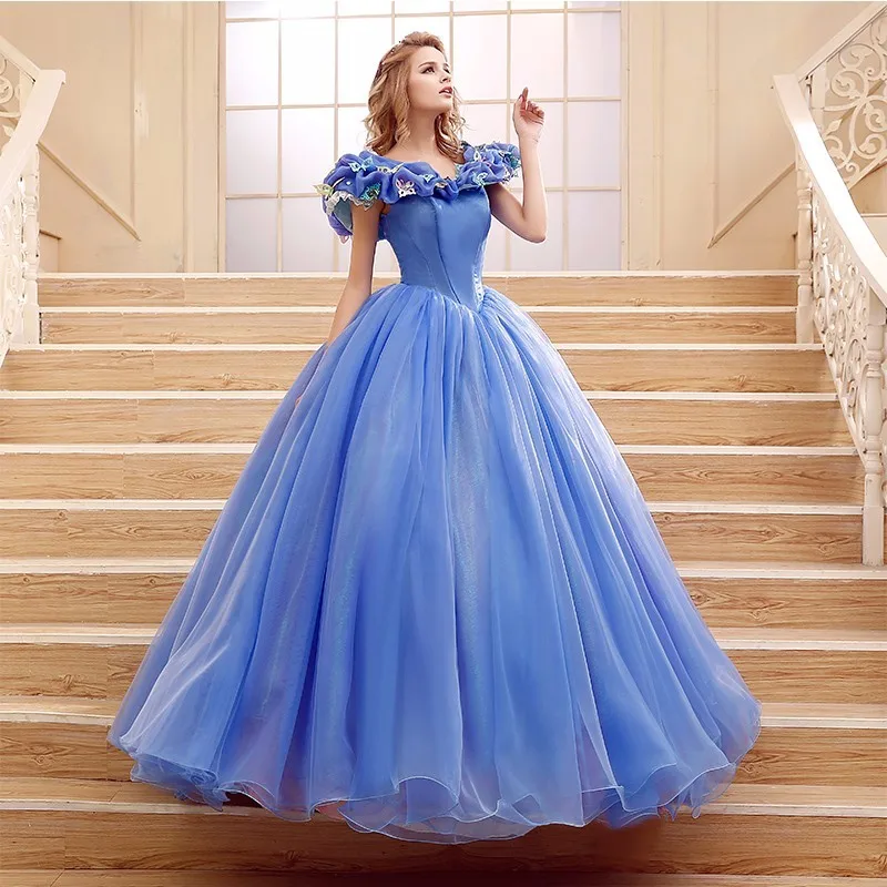 New Cinderella Princes Quinceanera Dresses 3D Flowers Beaded Long Tulle Ball Gowns with Train for Vestidos De 15 Anos