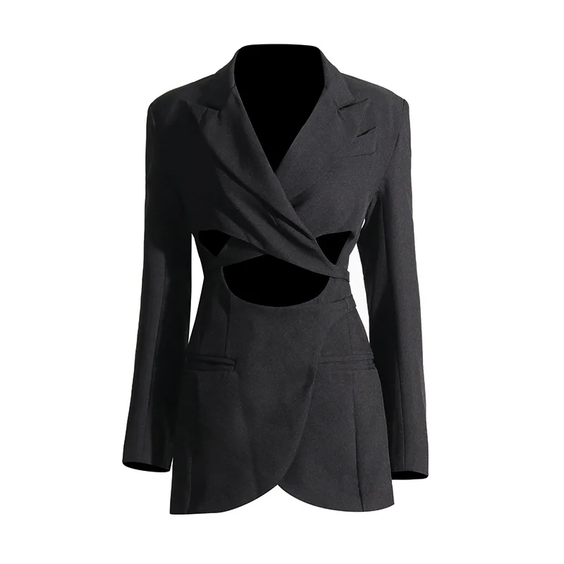 

SuperAen Autumn 2023 New Style Fashion Hollow Out Design Tie Up Waist Slim Blazer Top Women's OL Suit Jacket