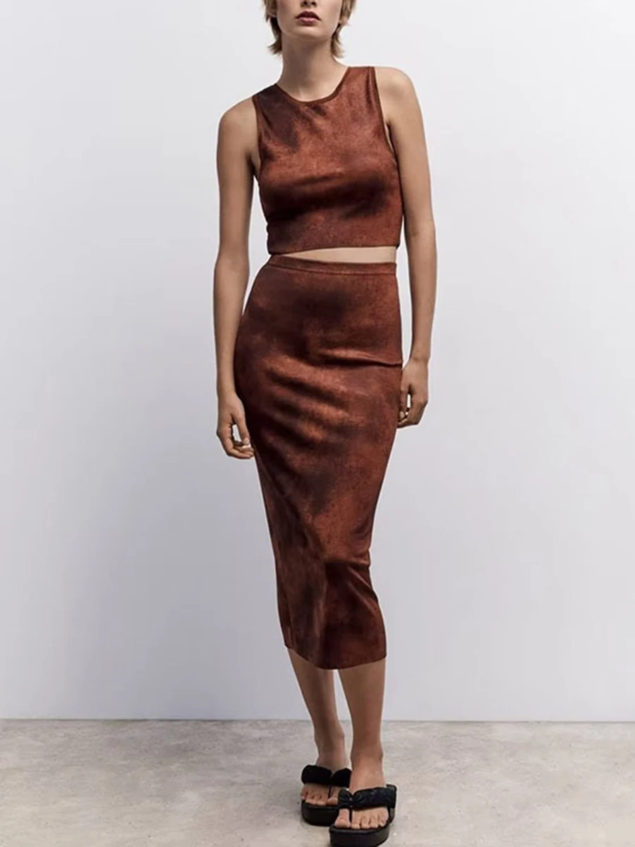 

Knitted Short Top Half Skirt 2 Piece Set Woman Sleeveless Round Neck Sweaters High Waisted Skirts Streetwear Slim New Sets