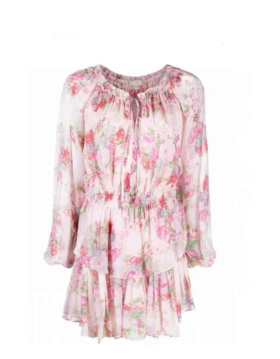 2023 Summer New Long Sleeve Pink Flower Print Women Elastic Waist Double Layer Mini Dress